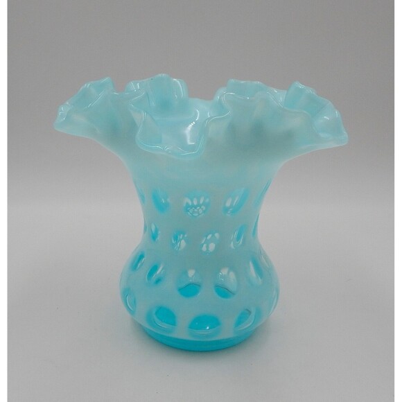 Fenton Blue Opalescent Coin Dot Vase Ruffled Edge 6 Inch Tall Cut To Clear - Picture 1 of 12
